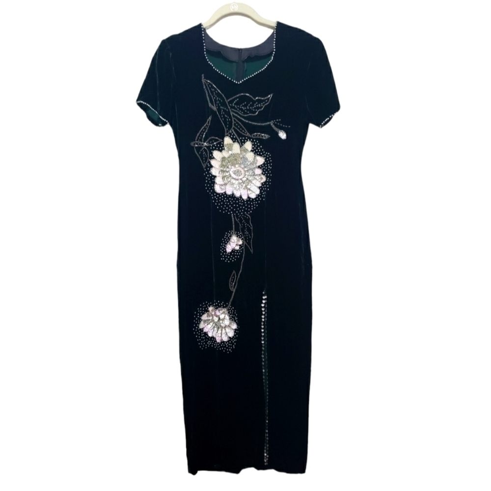 Vintage Green Emerald Silver Beaded Velvet Dress, Size S